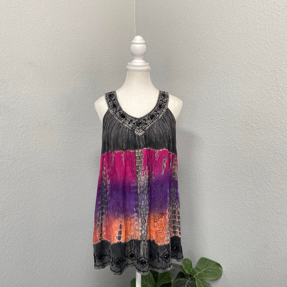 KARMA CIRCLE TIE DYE V NECK TUNIC TANK FLORAL EMBROIDERY FLOWY BLOUSE WHIMSIGOTH